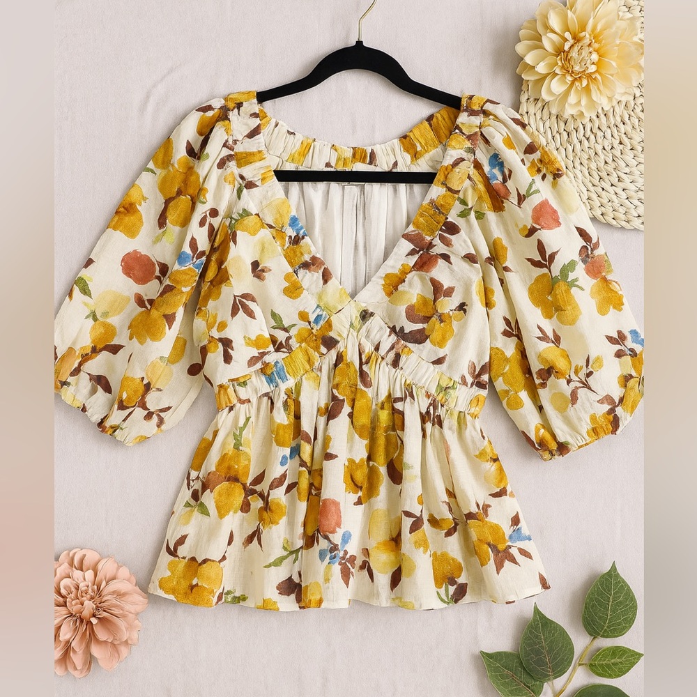 Abercrombie & Fitch Floral Linen Blend Peplum Blouse S Puff Sleeve Cottagecore - Picture 4 of 9